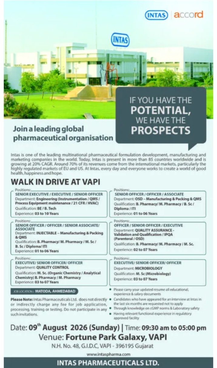 Intas Pharma Jobs 2026
