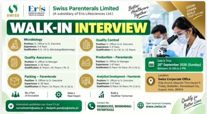 Swiss Parenterals Pharma Jobs 2026 Walk In Interview