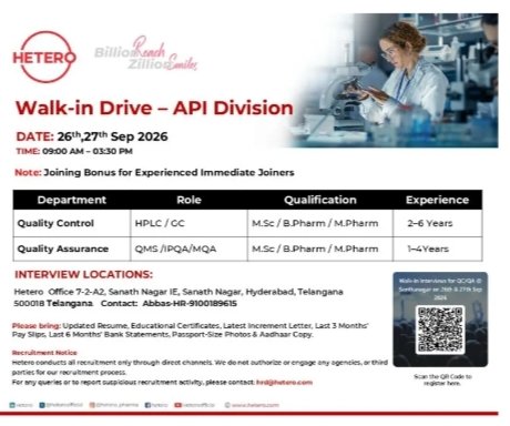 Hetero Pharma Jobs QC QA Walk In 26th to 27th Sep 2026