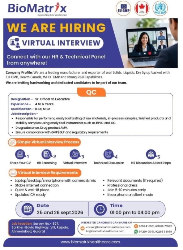 BioMatrix Pharma Jobs QC BSc MSc Virtual Interview 25th 26th Sep 2026
