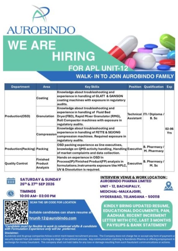 Aurobindo Pharma Jobs Walk In 2026