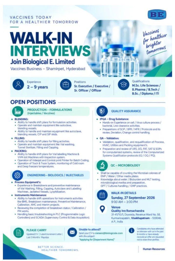 Biological E Pharma Jobs Walk In 27th Sept 2026
