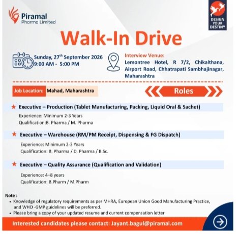 Piramal Pharma Jobs Walk In 27th Sept 2026