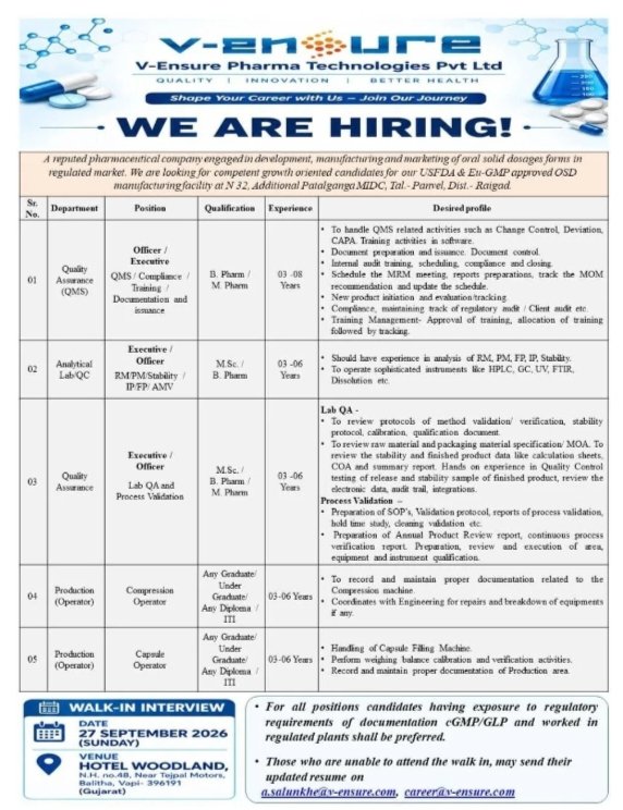 V-Ensure Pharma Jobs QA QC Production