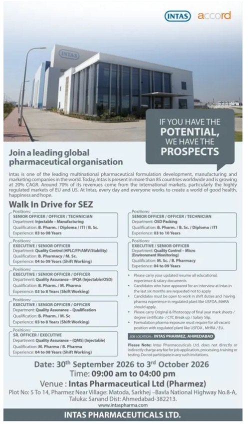 Intas Pharma Jobs QA QC Manufacturing