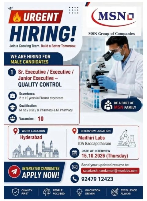 MSN Group Pharma Jobs QC 10 Vacancies