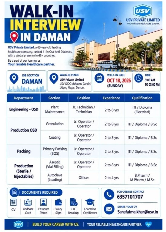 USV Pharma Walk In Interview 2026