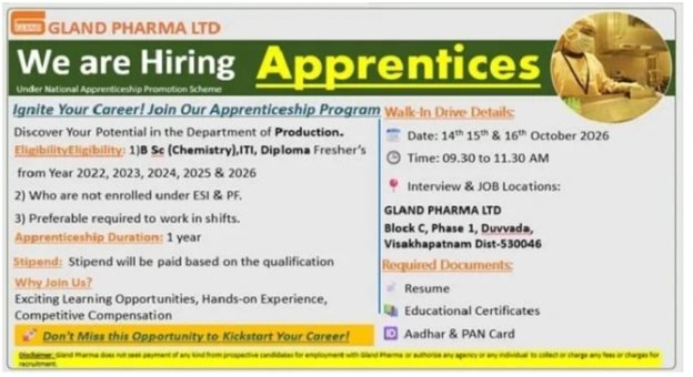 Gland Pharma Apprentice Jobs 2026