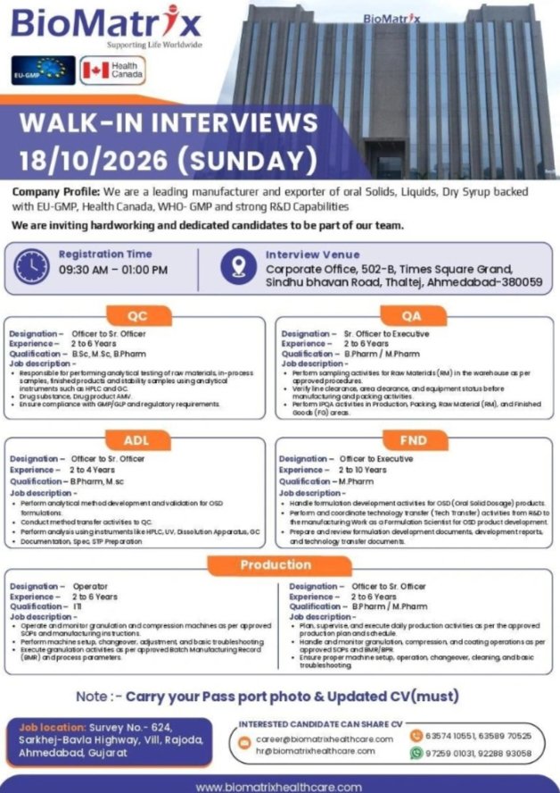 BioMatrix Pharma Jobs Walk In Interview 2026