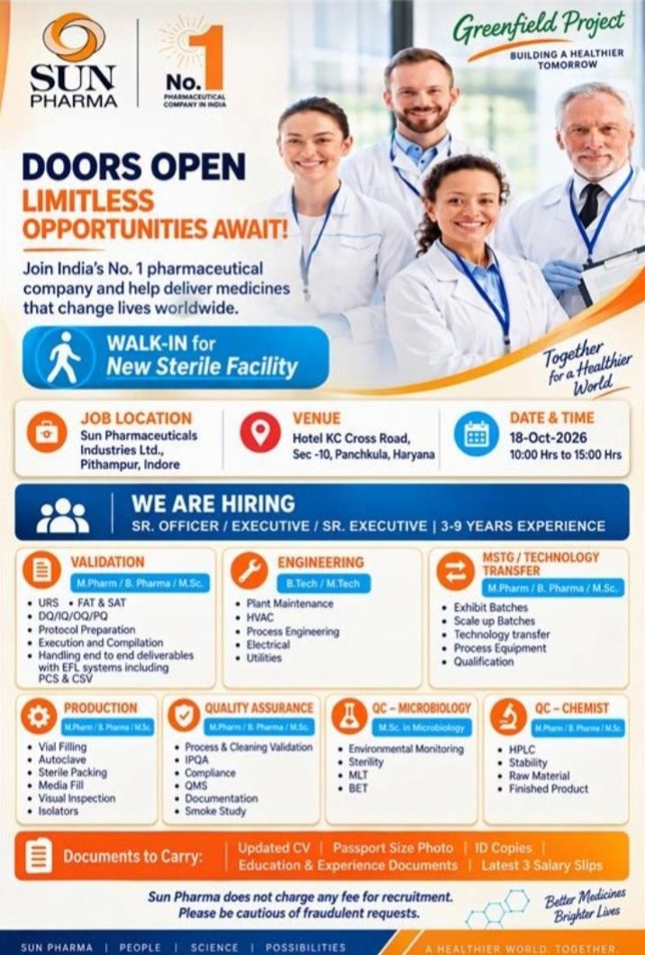 Sun Pharma Job Openings for Experienced Candidates