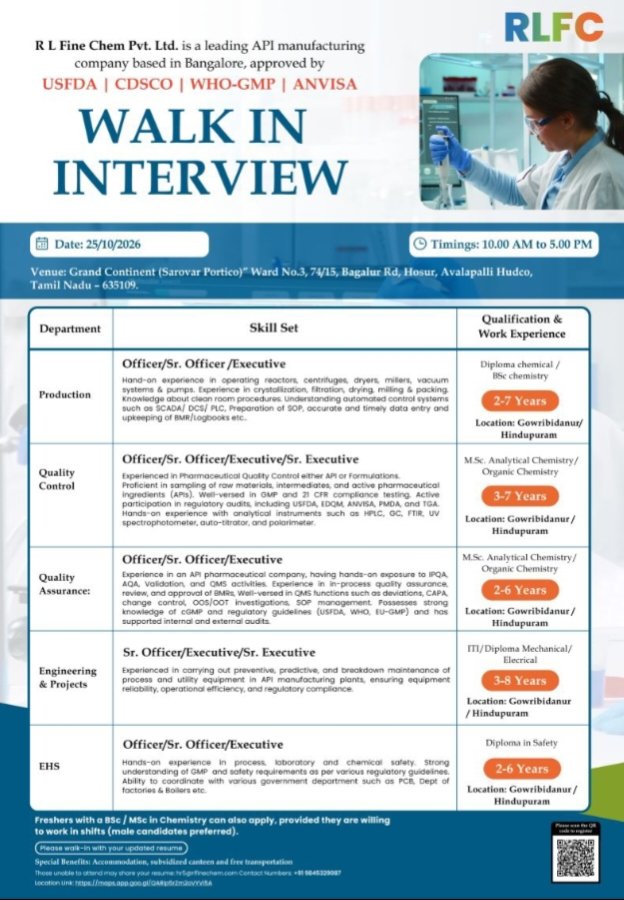RL Fine Chem Pharma Jobs Walk In Interview 2026