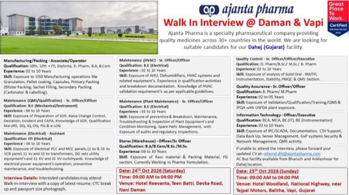 Ajanta Pharma Jobs for Manufacturing Packing QC QA Maintenance