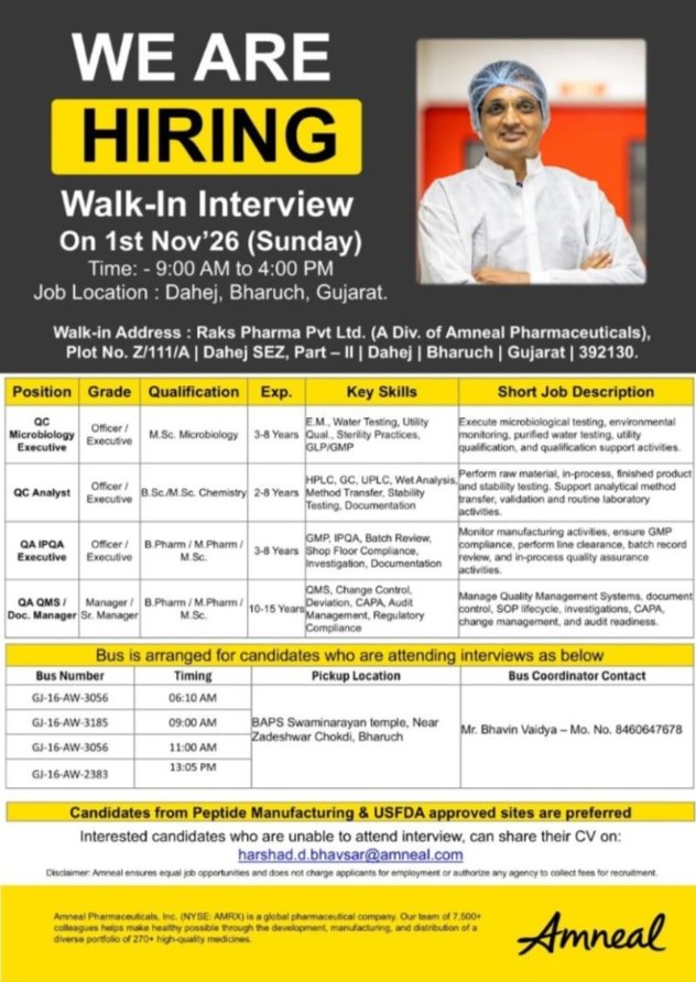 Amneal Pharma Jobs for QA QC BPharm MPharm BSc MSc